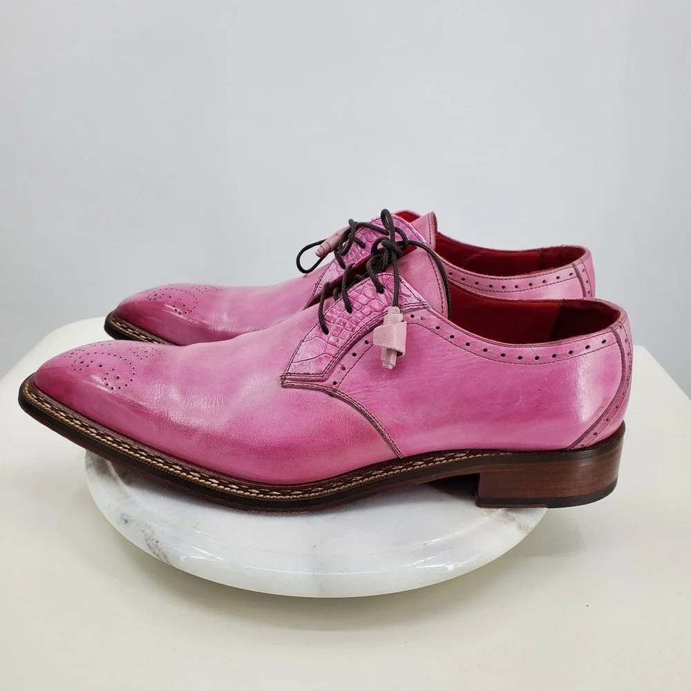 Fennix Italy Tyler Pink Alligator Calfskin Leather Lace-Up‎ Derby Dress Shoes 47